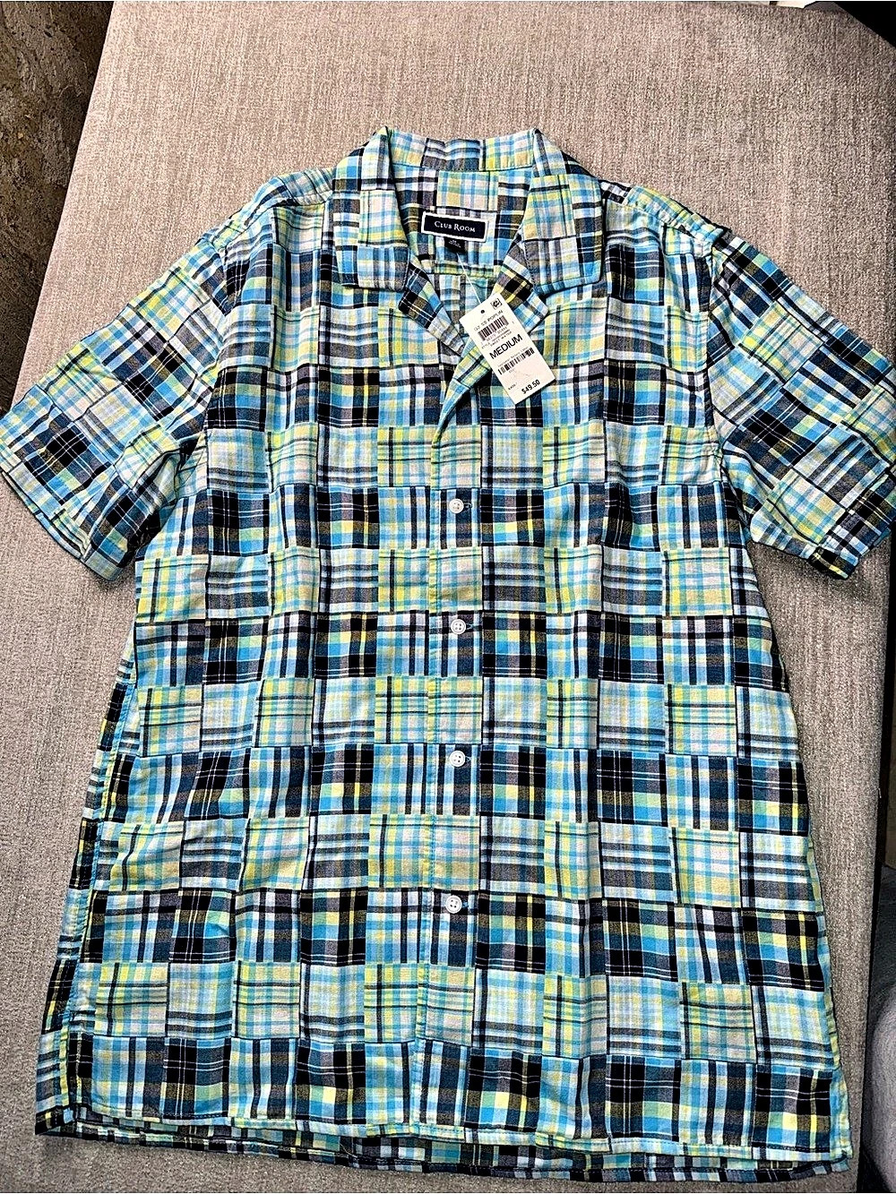 Club Room Q2 SS Poplin Plaid Shirt Blue & Green Size Medium NWT